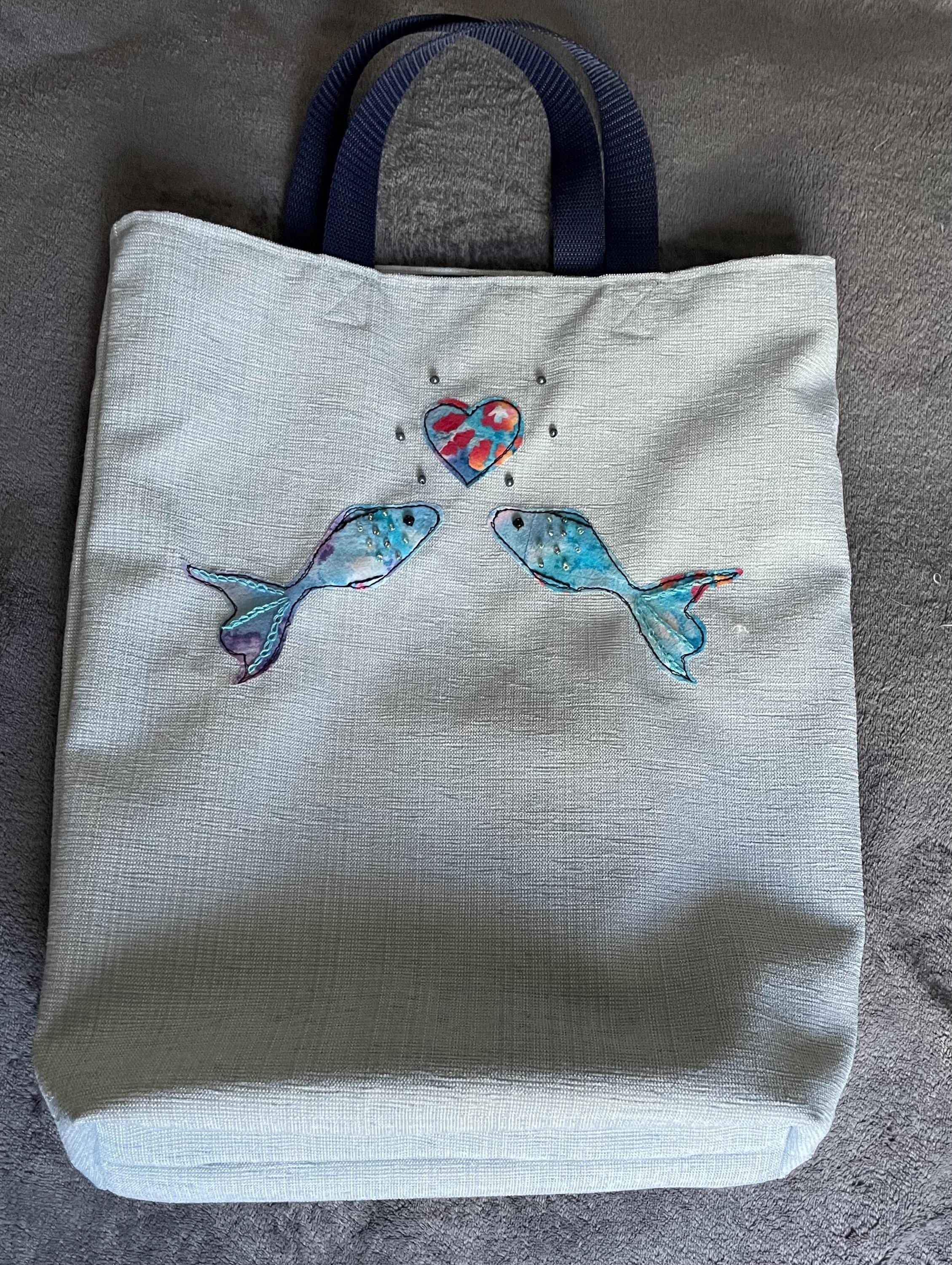 Two Blue Embroidered Fish Shopping Tote