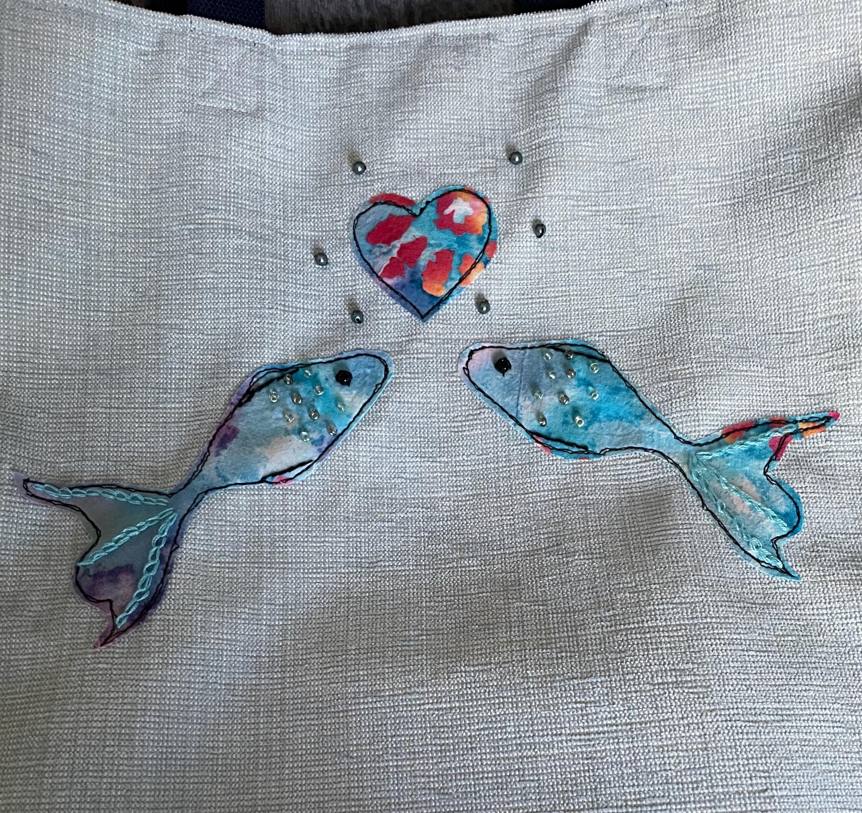 Two Blue Embroidered Fish Shopping Tote