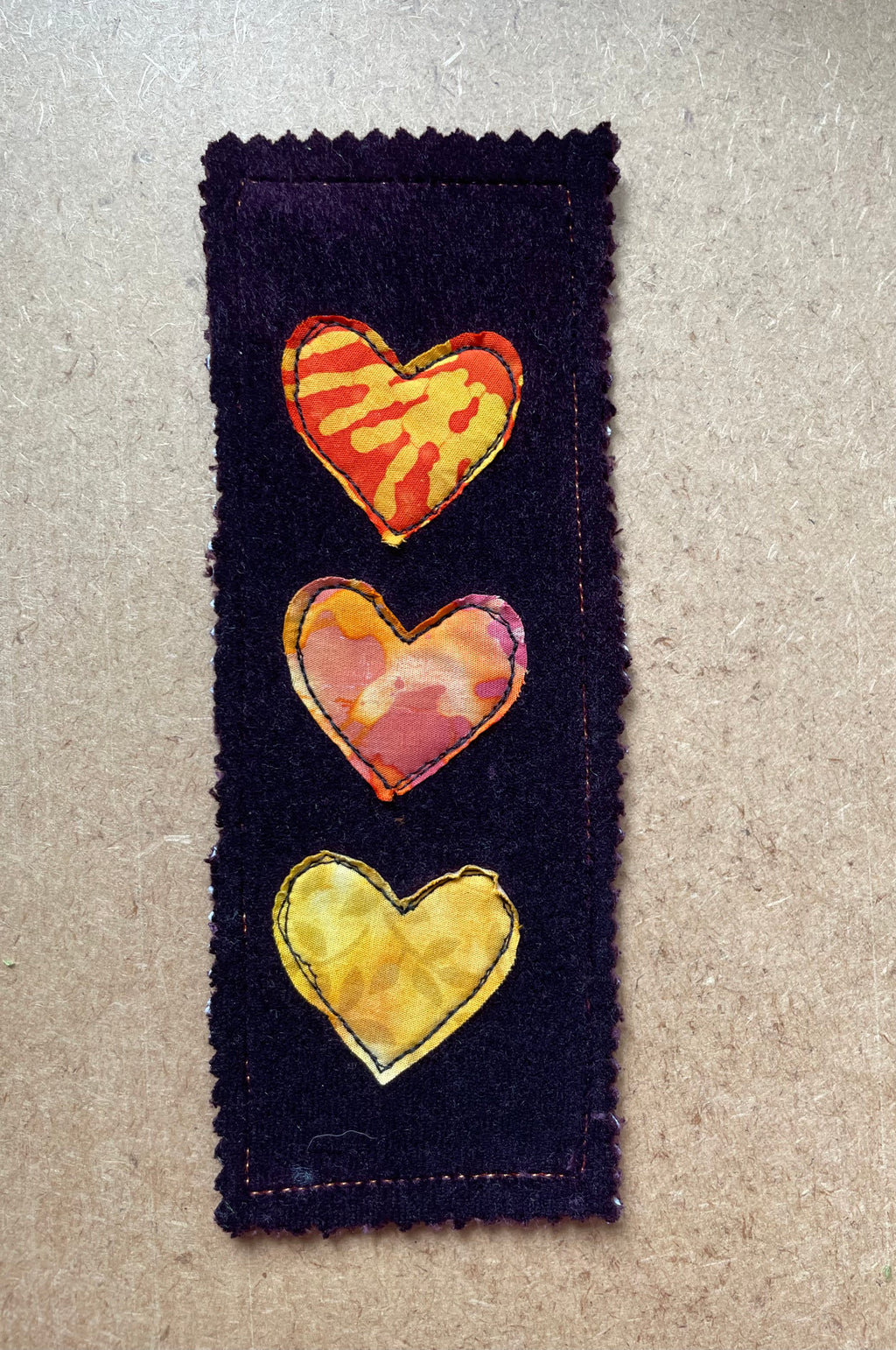 Handmade Velvet Bookmark with Embroidered Hearts