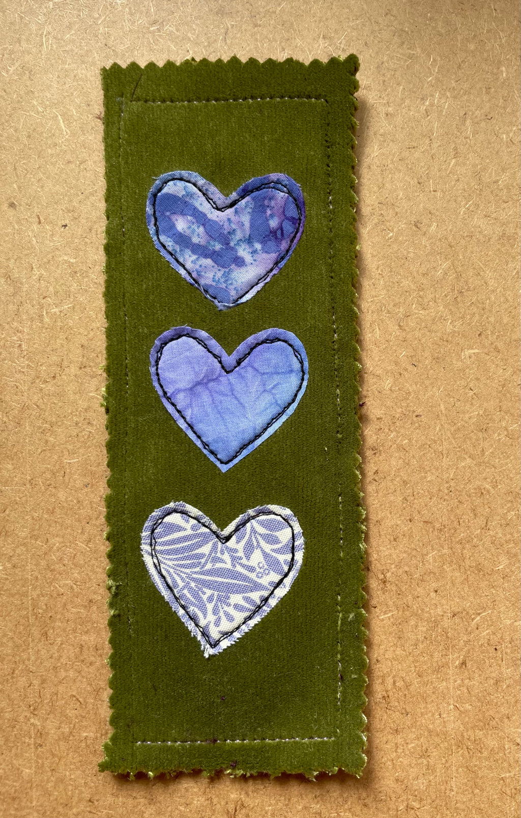 Handmade Velvet Bookmark with Embroidered Hearts