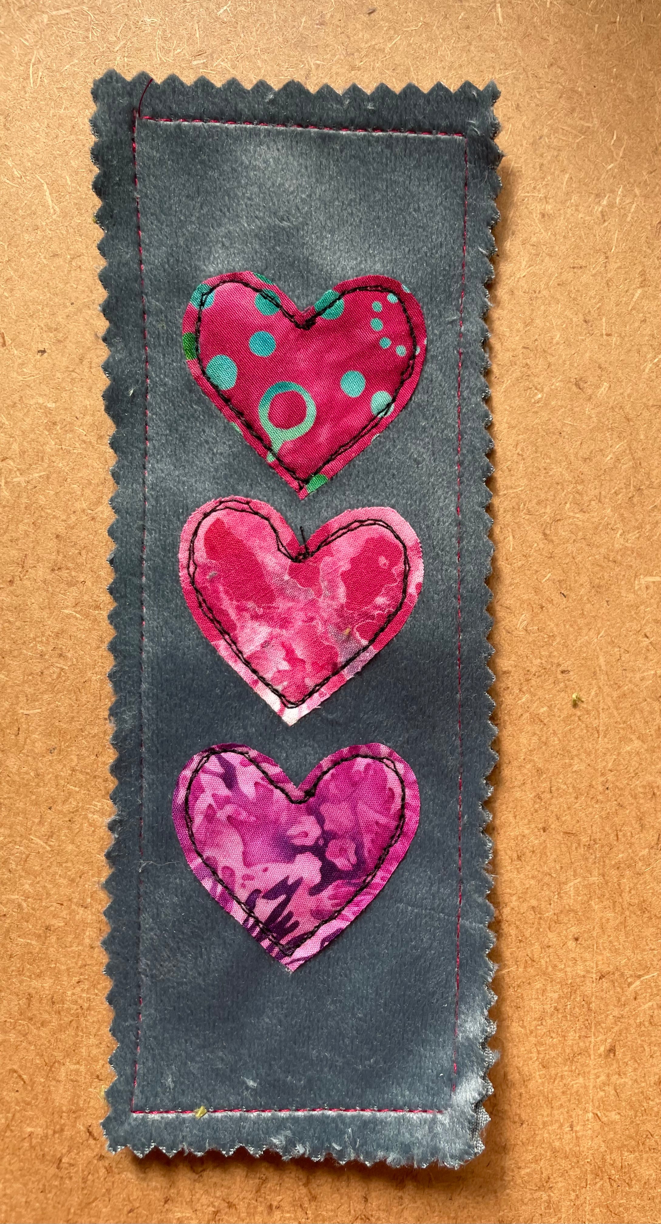 Handmade Velvet Bookmark with Embroidered Hearts
