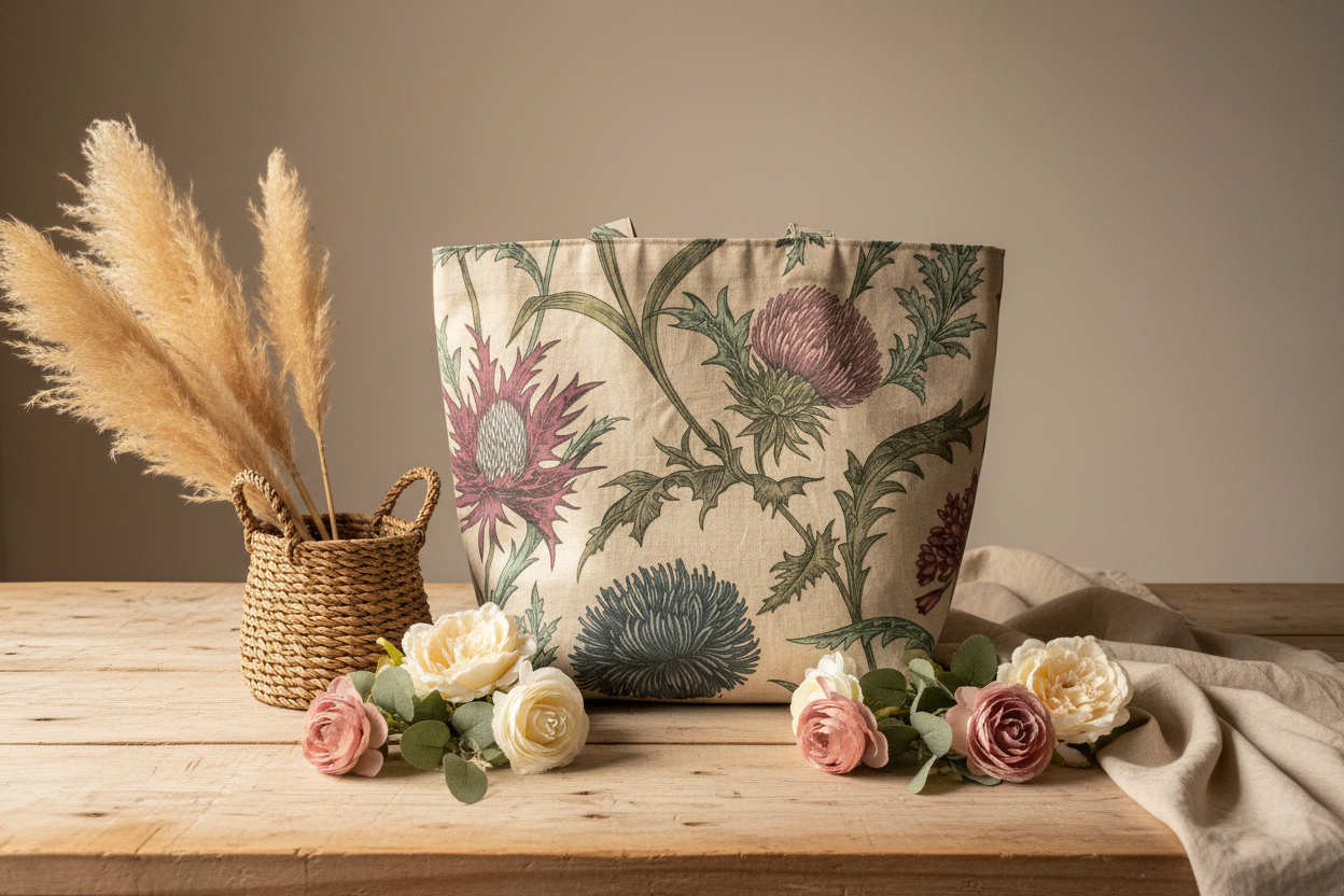 Boho Chintz Shopping Bag - Neutral Tones with Artificial Flowers