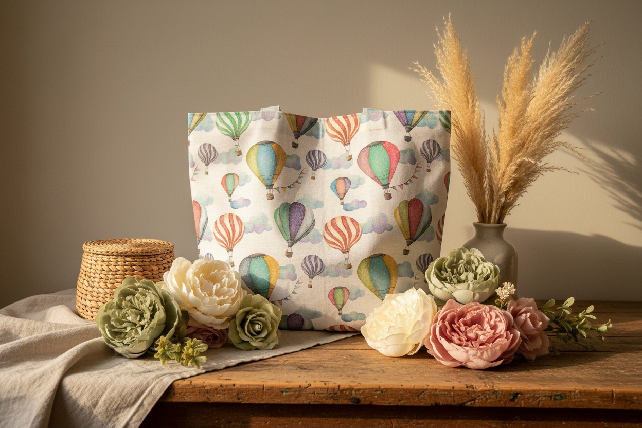 Hot Air Balloon Shopping Bag - Neutral Tones with Artificial Flowers