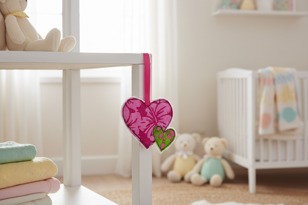 Pink Mother and Child Hanging Heart in Nursery Setting