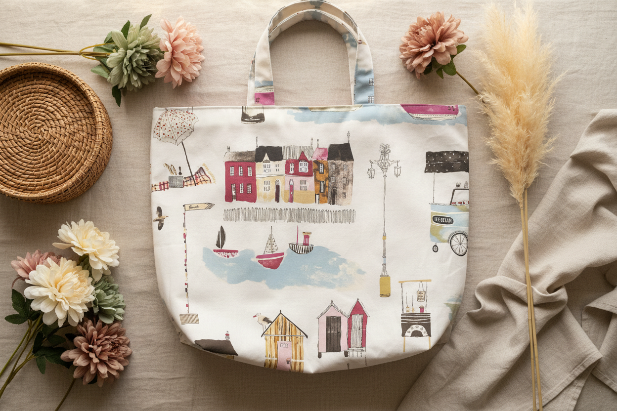 Seascape Shopping Bag - Neutral Tones with Artificial Flowers