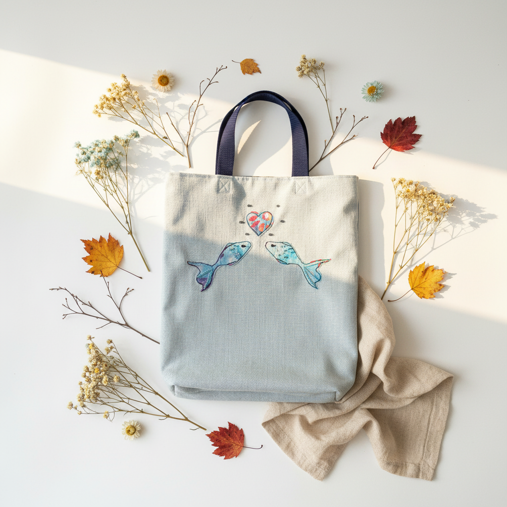 Two Blue Embroidered Fish Shopping Tote